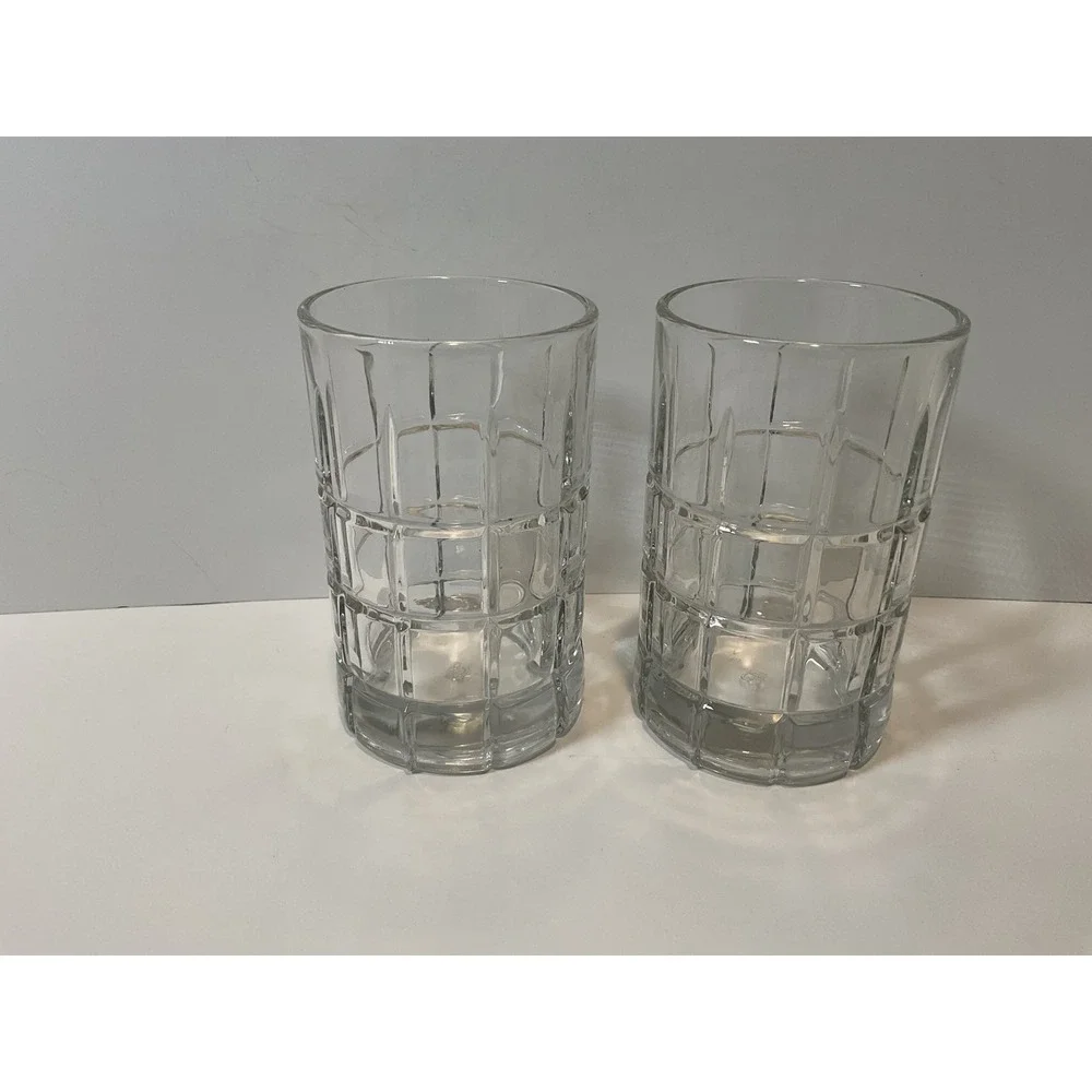 Set‎ of 2 Anchor Hocking Juice Drinking Glass Textured Grid Pattern 4 Inch Tall